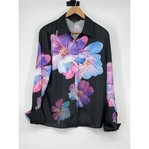 Boston Proper Black Blouse with Pink and Blue Floral Design